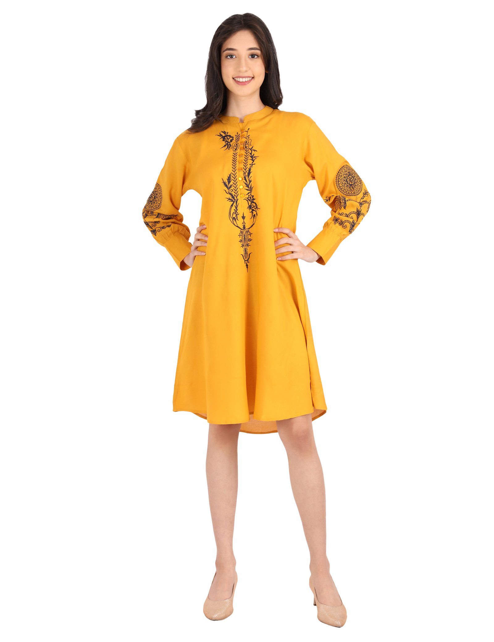 Mustard Yellow Embroidered Straight Kurti for Women